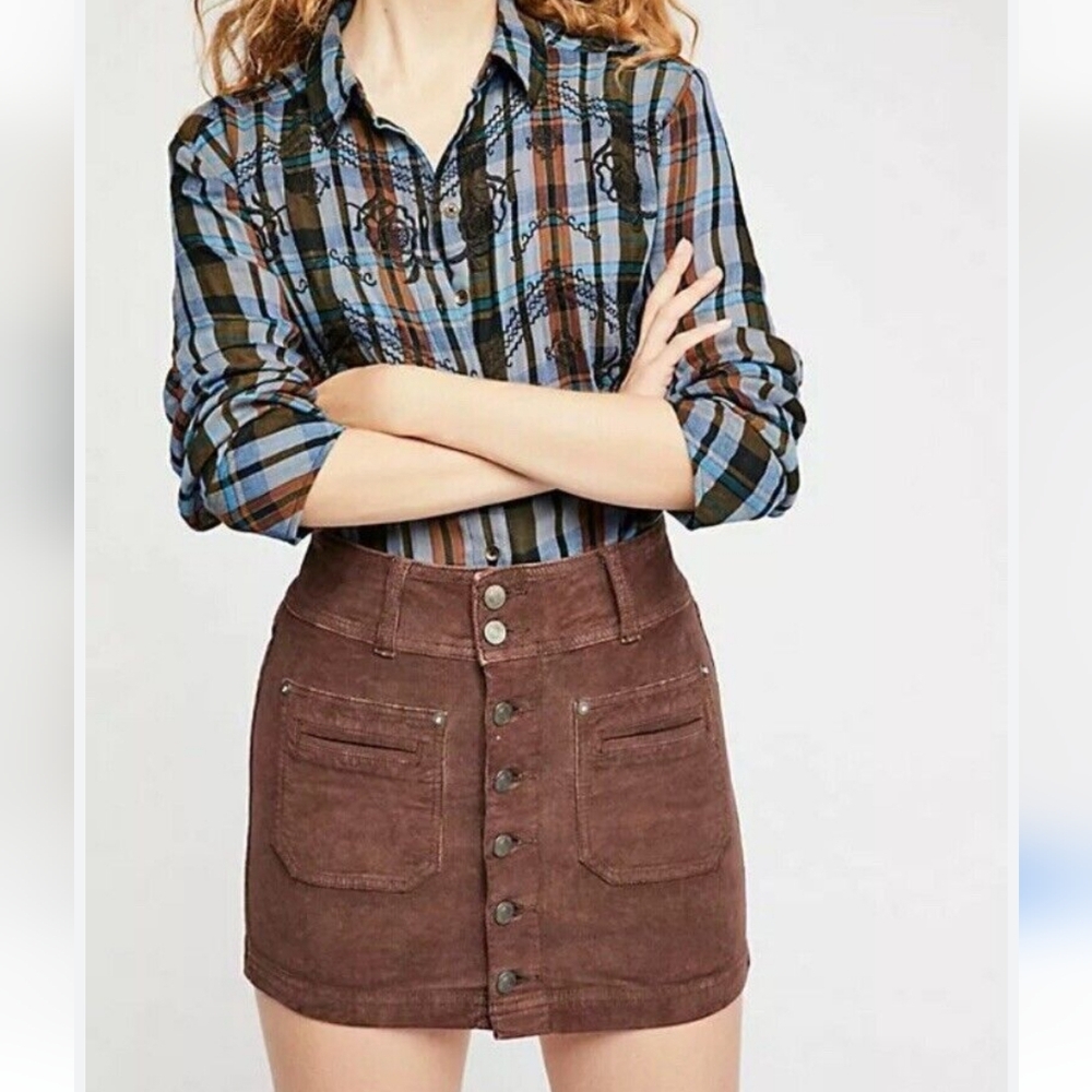 Free People We The Free Joanie Cord Mini Skirt Chocolate Brown Size 25